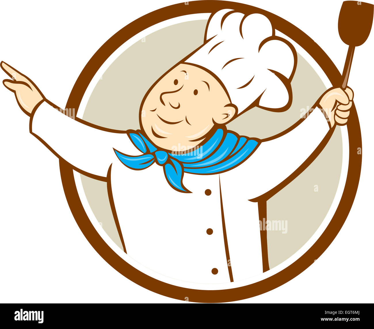 Illustration of a chef cook baker with arms out holding spatula looking up to the side set inside circle on isolated background Stock Photo