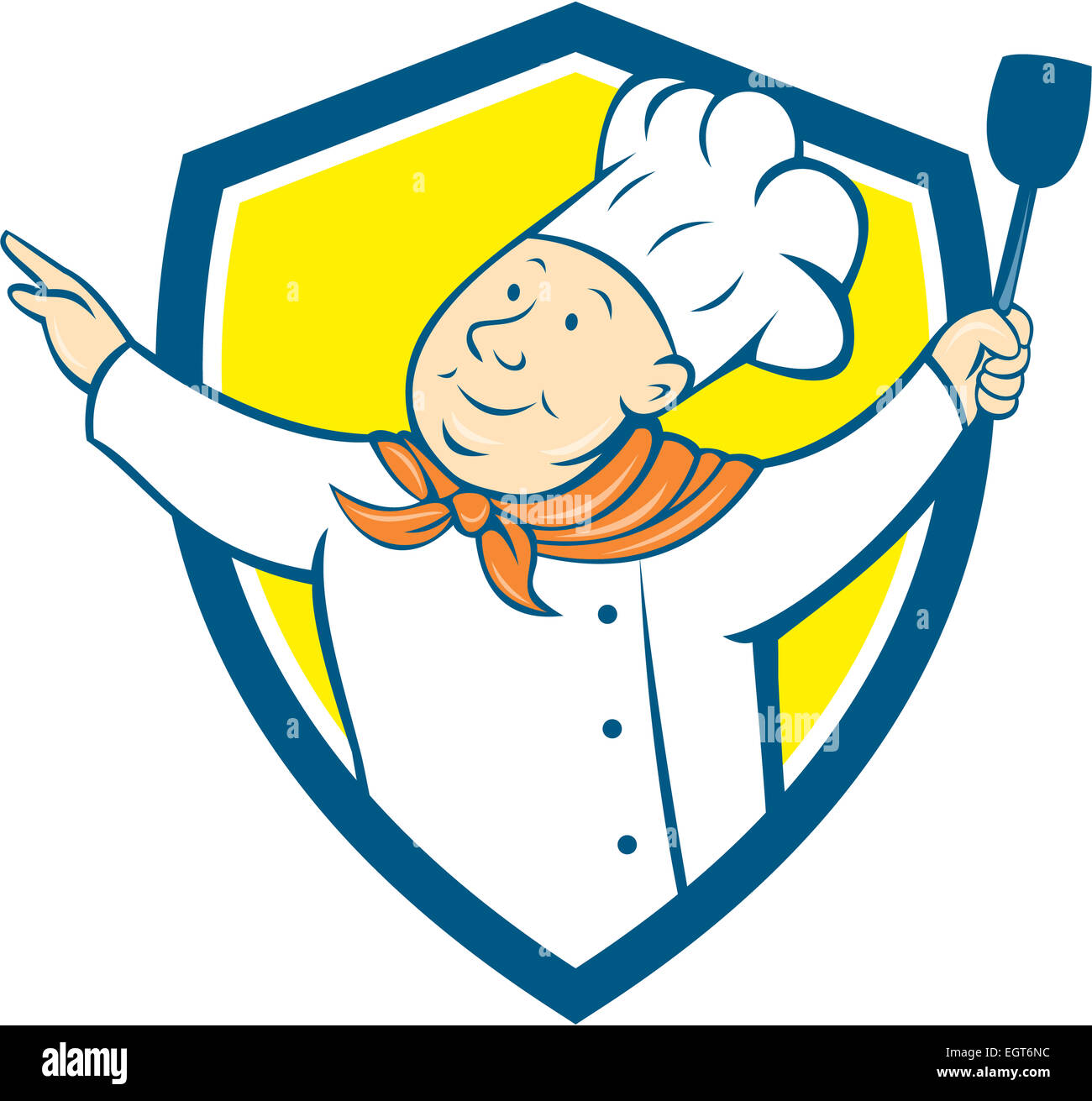 Illustration of a chef cook baker arms out holding spatula looking up to the side set inside shield crest on isolated background done in cartoon style. Stock Photo