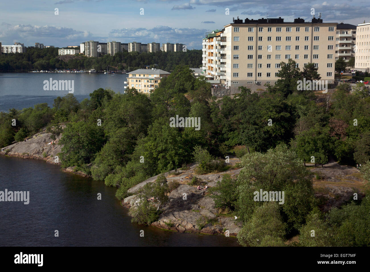 Residential towers and body of water, Bromma, Stockholm, Sweden Stock