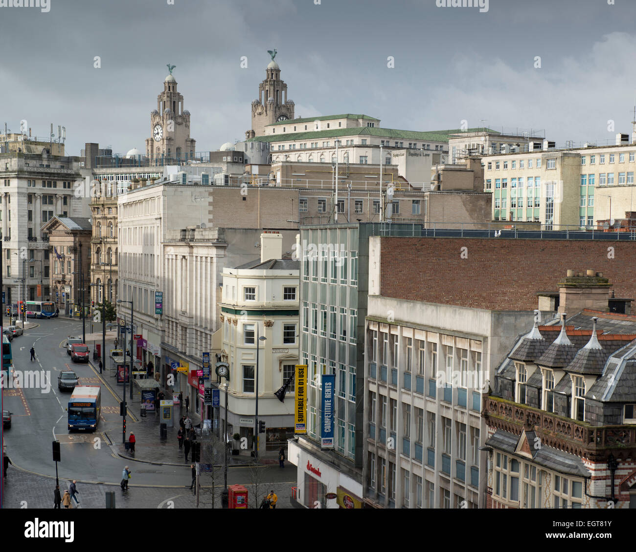 Liverpool city centre and Royal Liver Building, Liverpool, Merseyside, England, UK Stock Photo