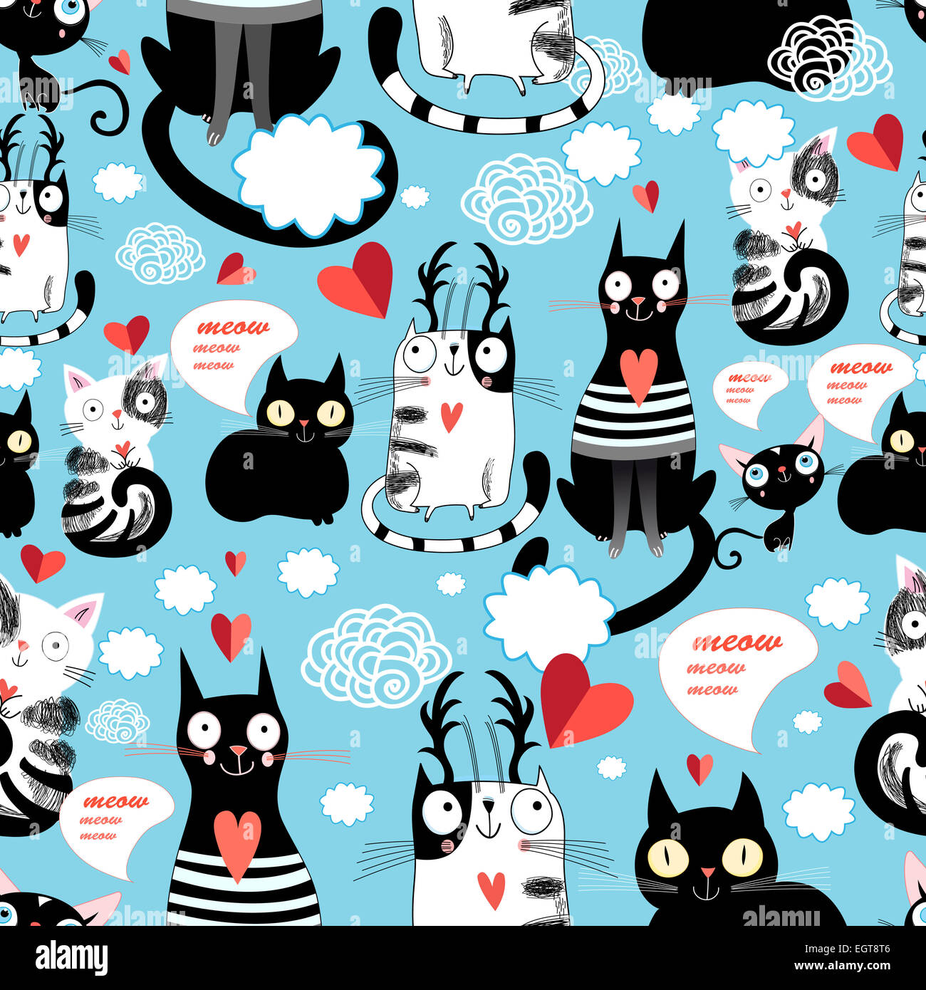 Graphic seamless pattern with hearts in love cats Stock Photo - Alamy
