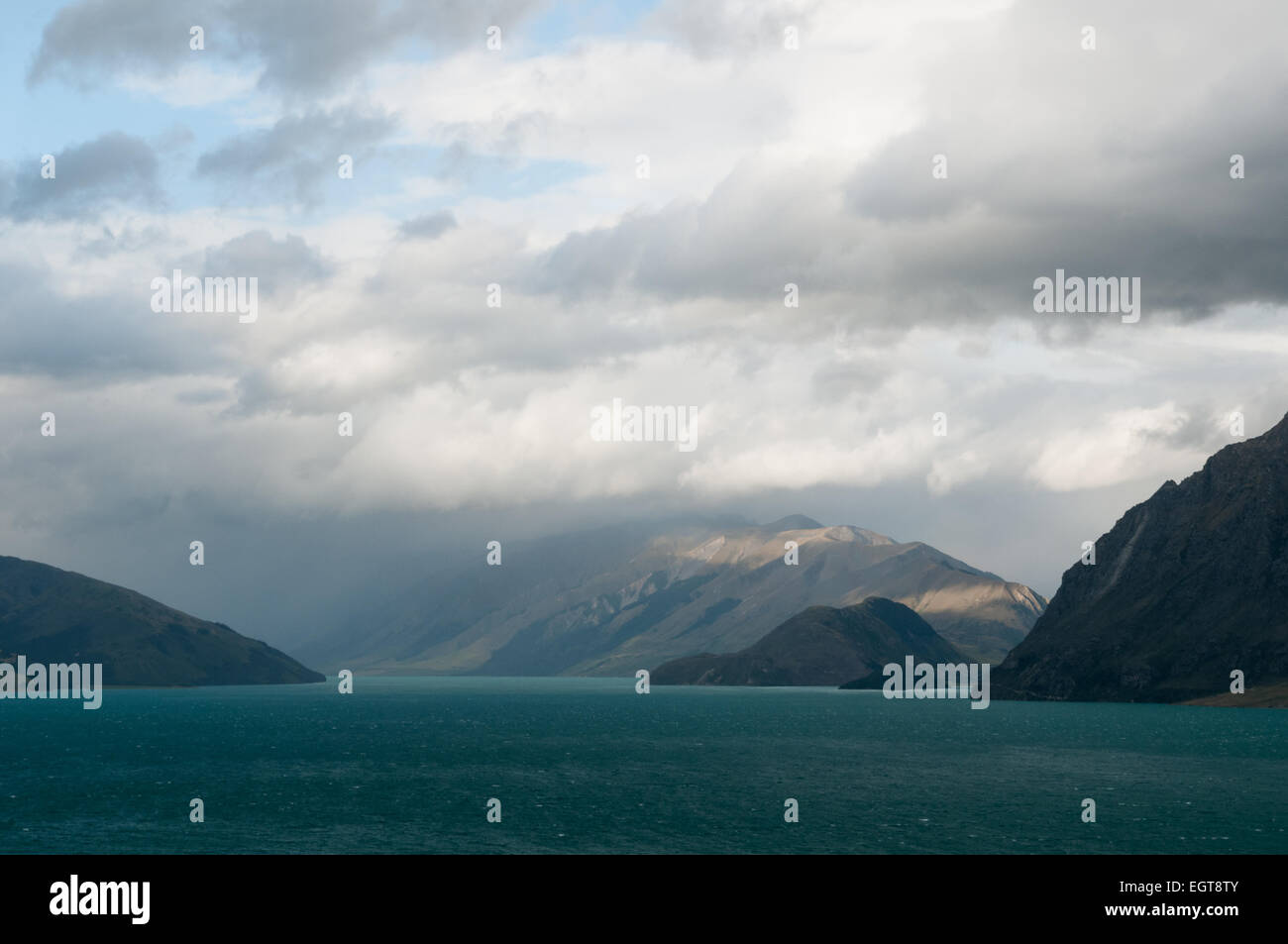 Lake Hawea and the Southern Alps, Otago, South Island, New Zealand. Stock Photo