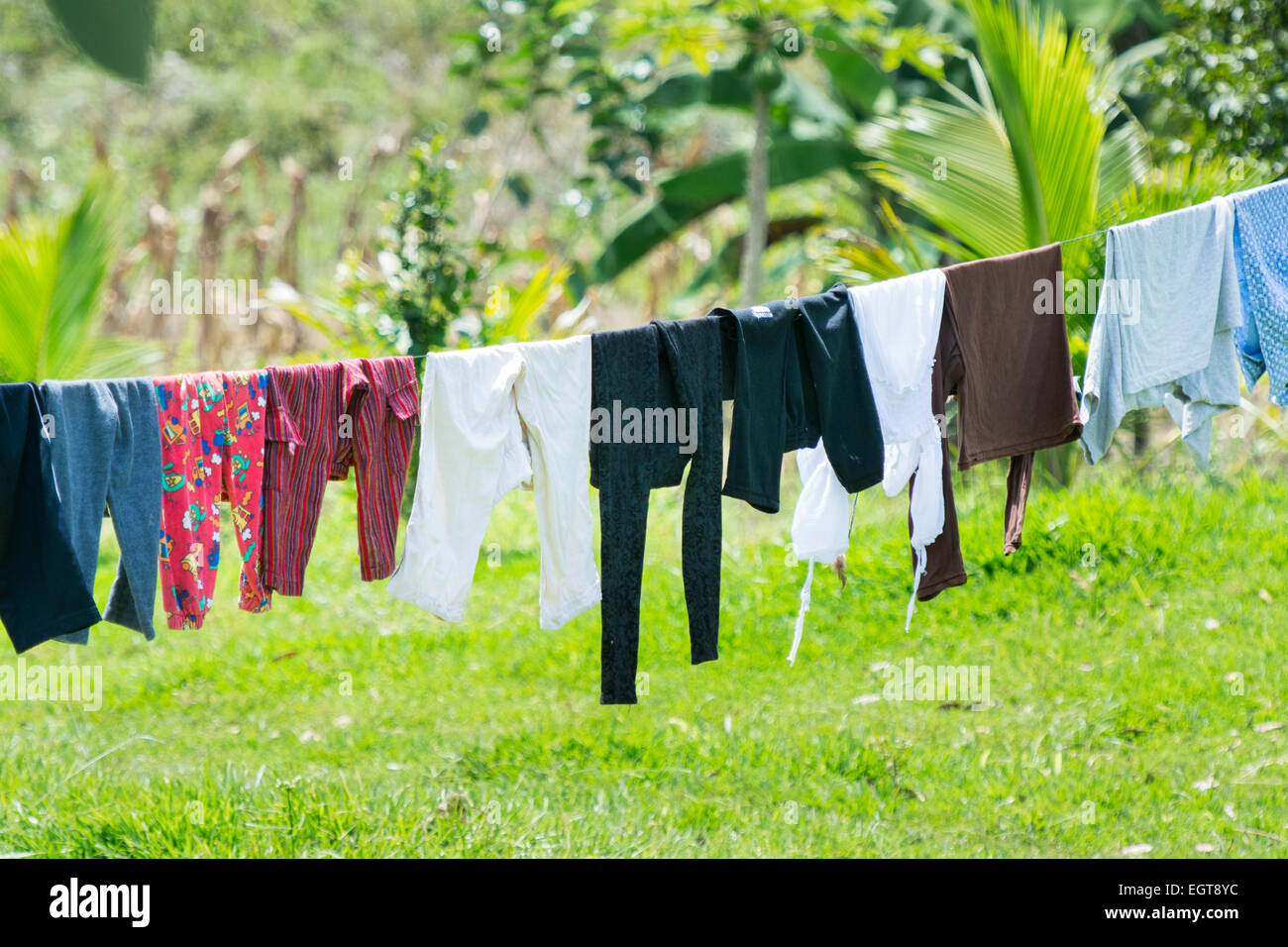 Clothes hanging on a washing line Stock Photo