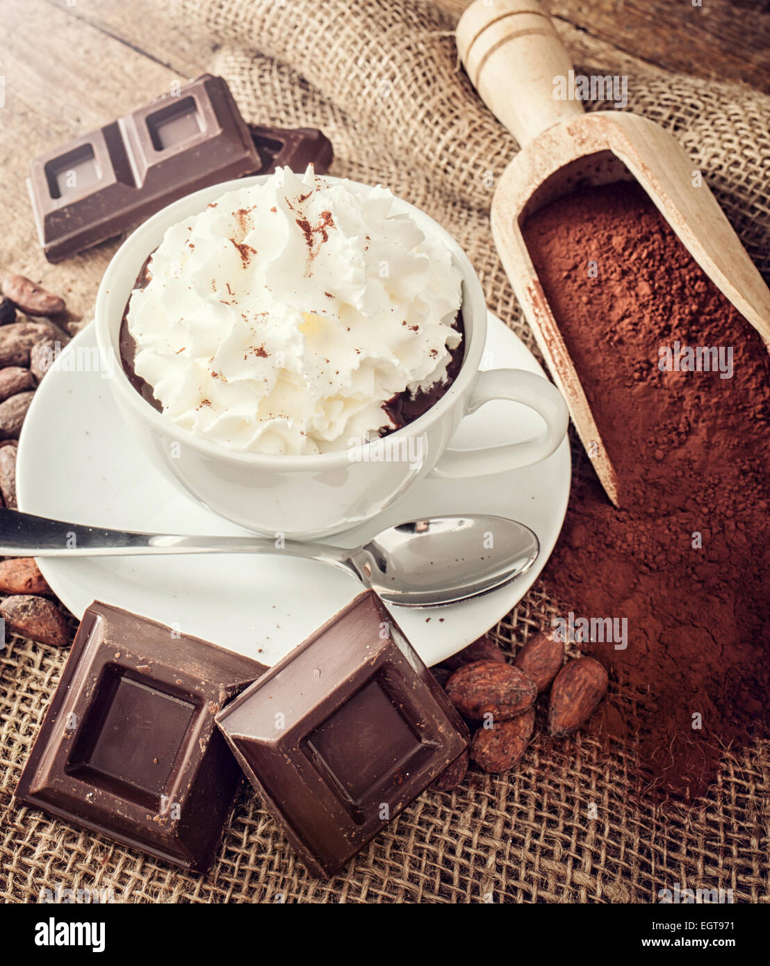 Cup of hot chocolate with whipped cream, cocoa powder, cocoa beans and