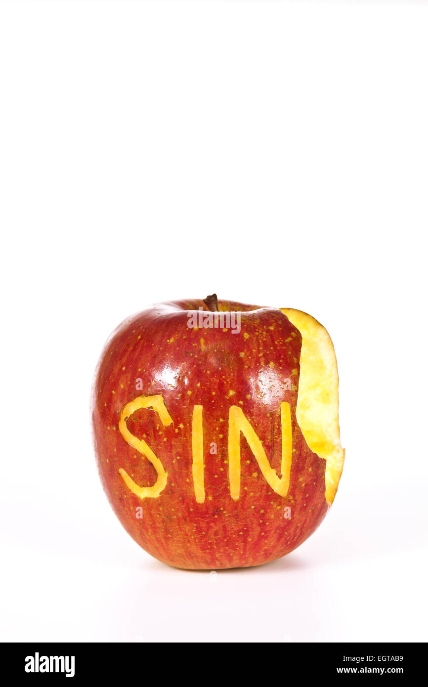 Bitten red apple - the symbol of the original sin of Eve - conceptual idea Stock Photo