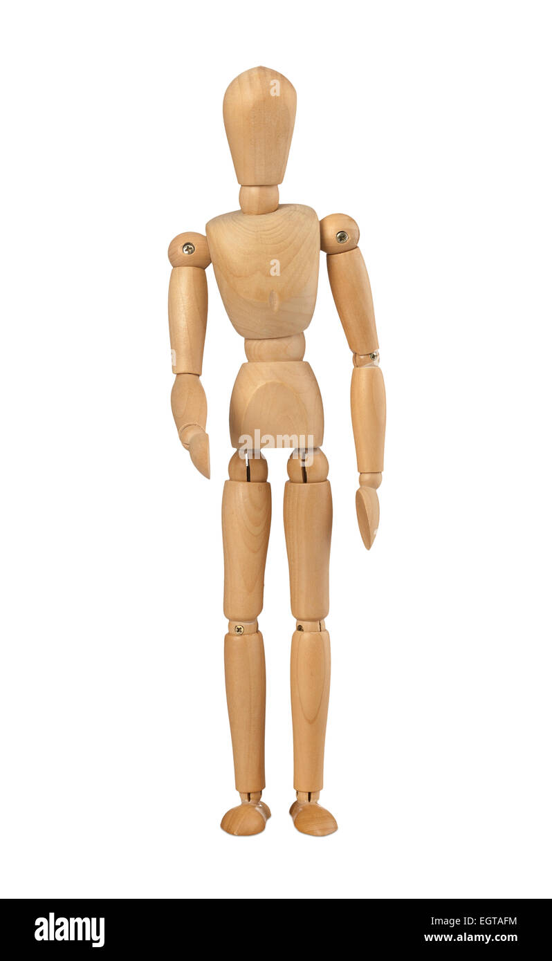 Wood mannequin holds out her hand on white background Stock Photo