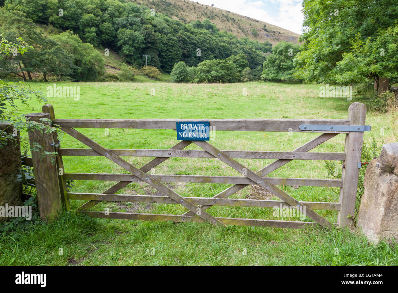 Farm gate with a Private No Entry sign prohibiting access to the land, Derbyshire, Peak District National Park, England, UK Stock Photo