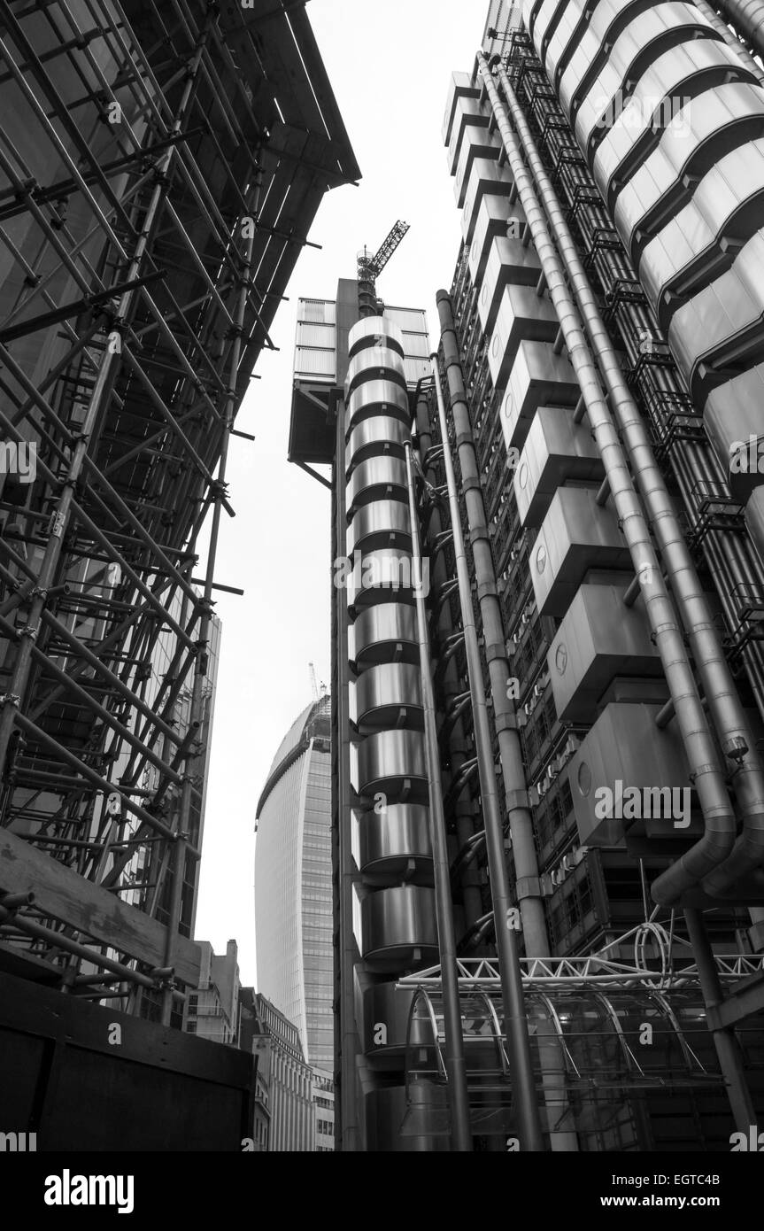 Construction around Lloyds building, City of London, UK showing Walkie Talkie in the background Stock Photo