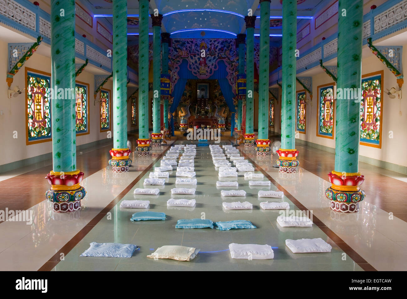 Portico and altar sanctuary in the Cao Dai Temple, Tay Ninh, Vietnam, Asia Stock Photo
