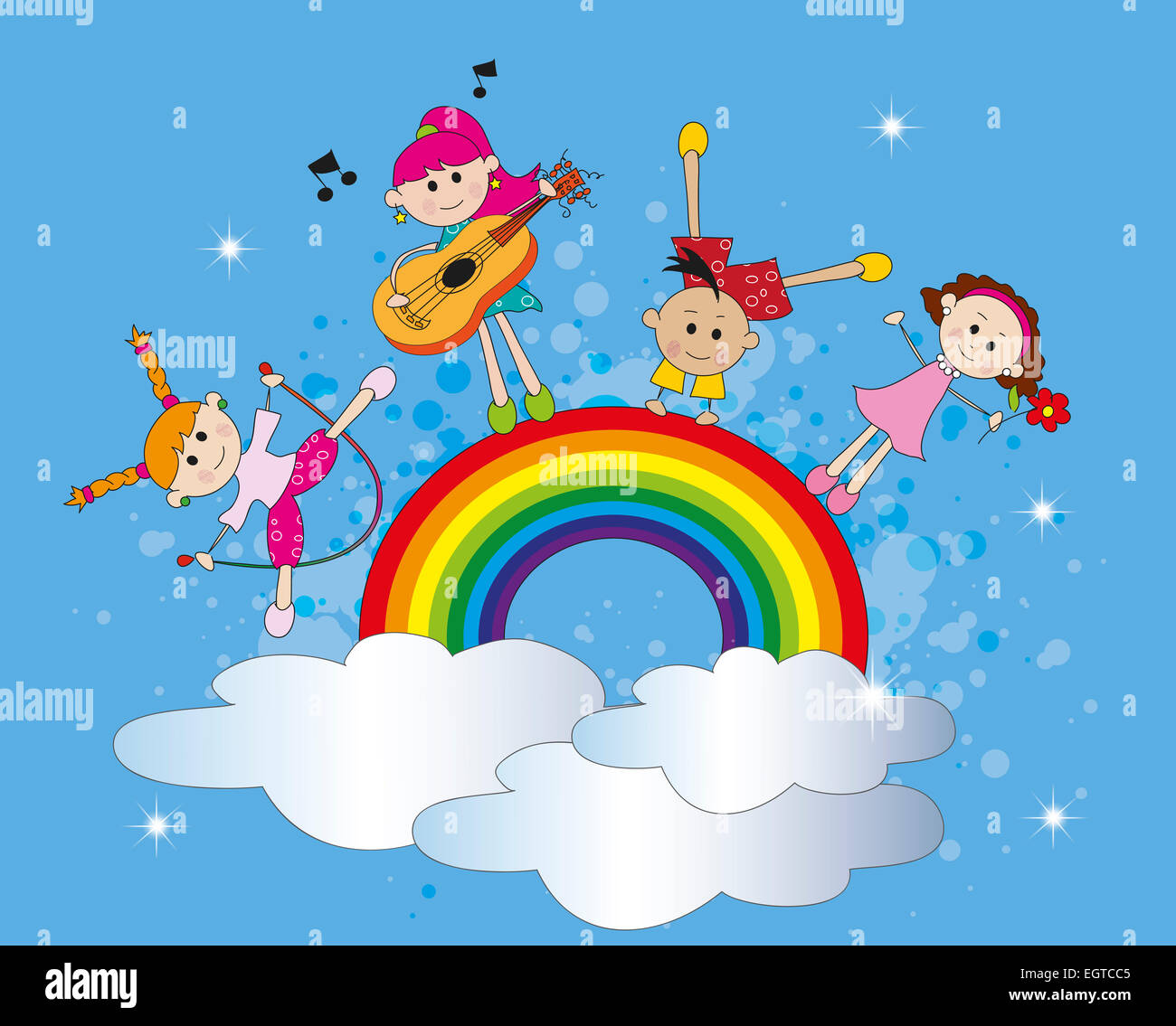 illustration of happy children on a rainbow Stock Photo - Alamy