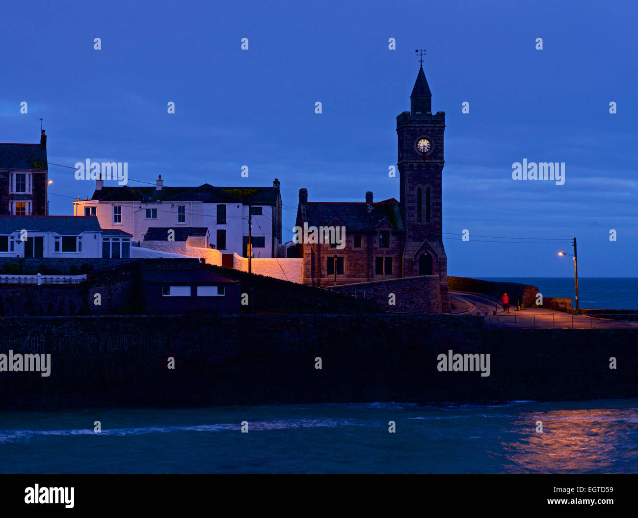 The clock tower at night, Porthleven, Cornwall, England UK Stock Photo
