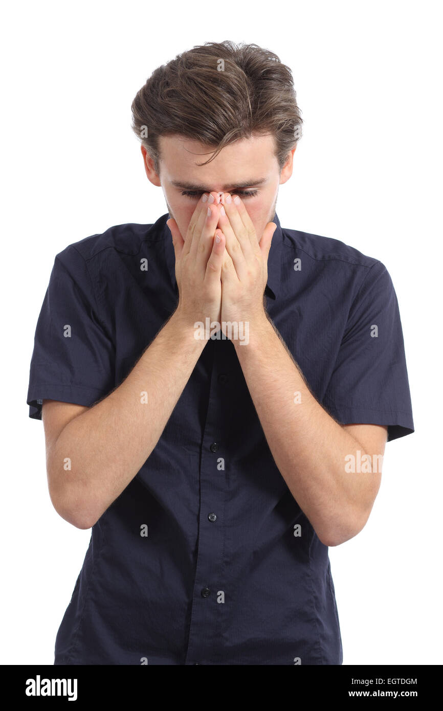 Ashamed or worried man covering mouth with his hands isolated on a white background Stock Photo