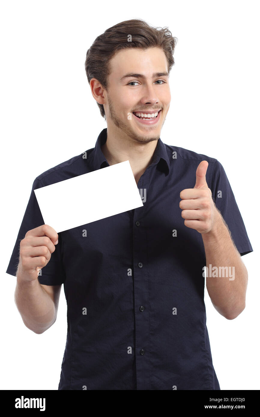 Happy man showing a blank card gesturing thumbs up isolated on a white background Stock Photo