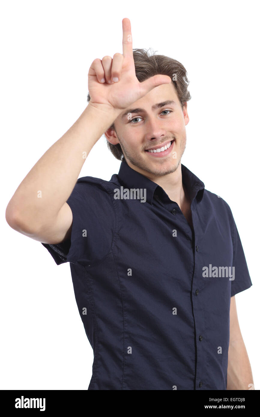 Man making loser gesture with his hand isolated on a white background Stock Photo