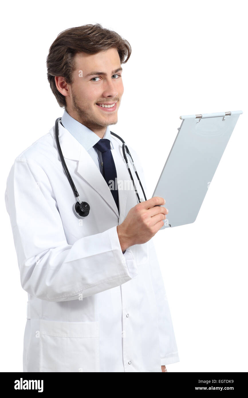 Young happy doctor man holding a medical history isolated on a white background Stock Photo
