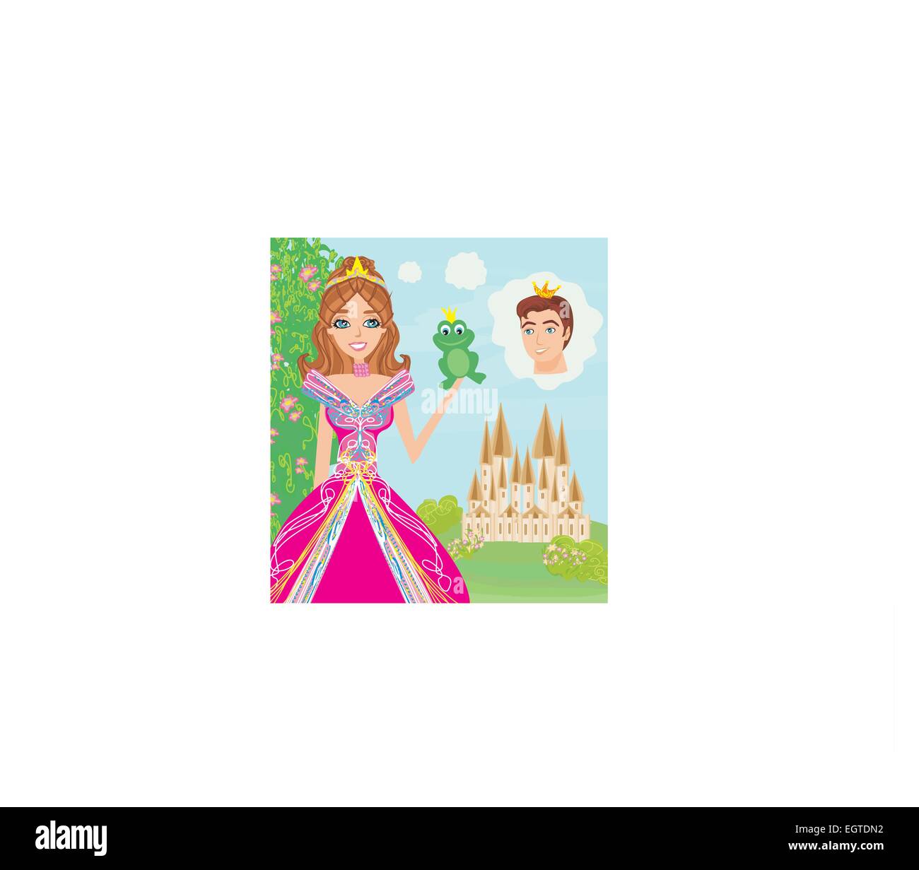 Beautiful young princess holding a big frog Stock Vector