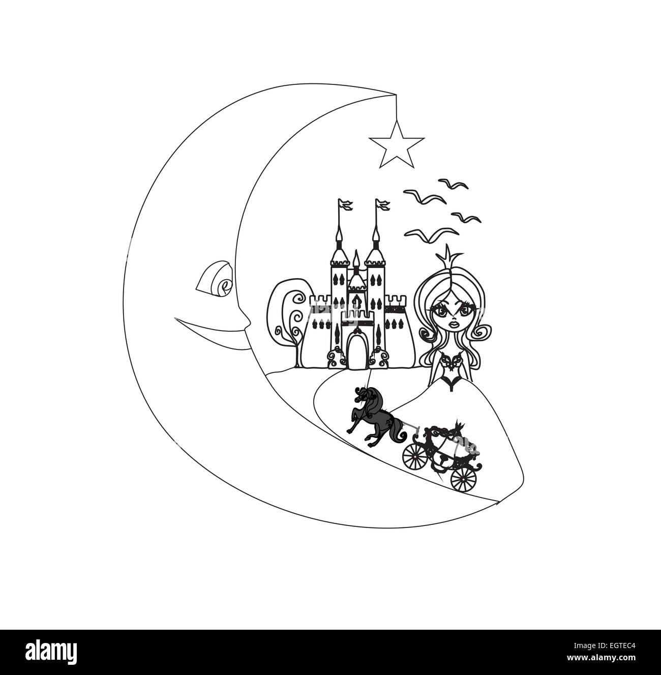 medieval castle,princess, carriage and the Moon - hand drawing illustration Stock Vector