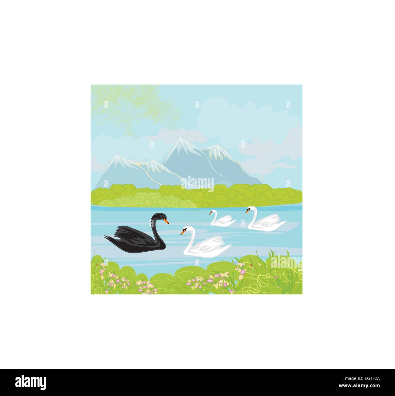 Vector landscape with mountains and swans on the lake Stock Vector