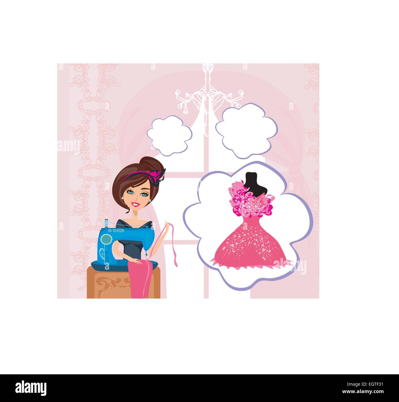 girl with sewing machine, dreams of a beautiful dress Stock Vector ...