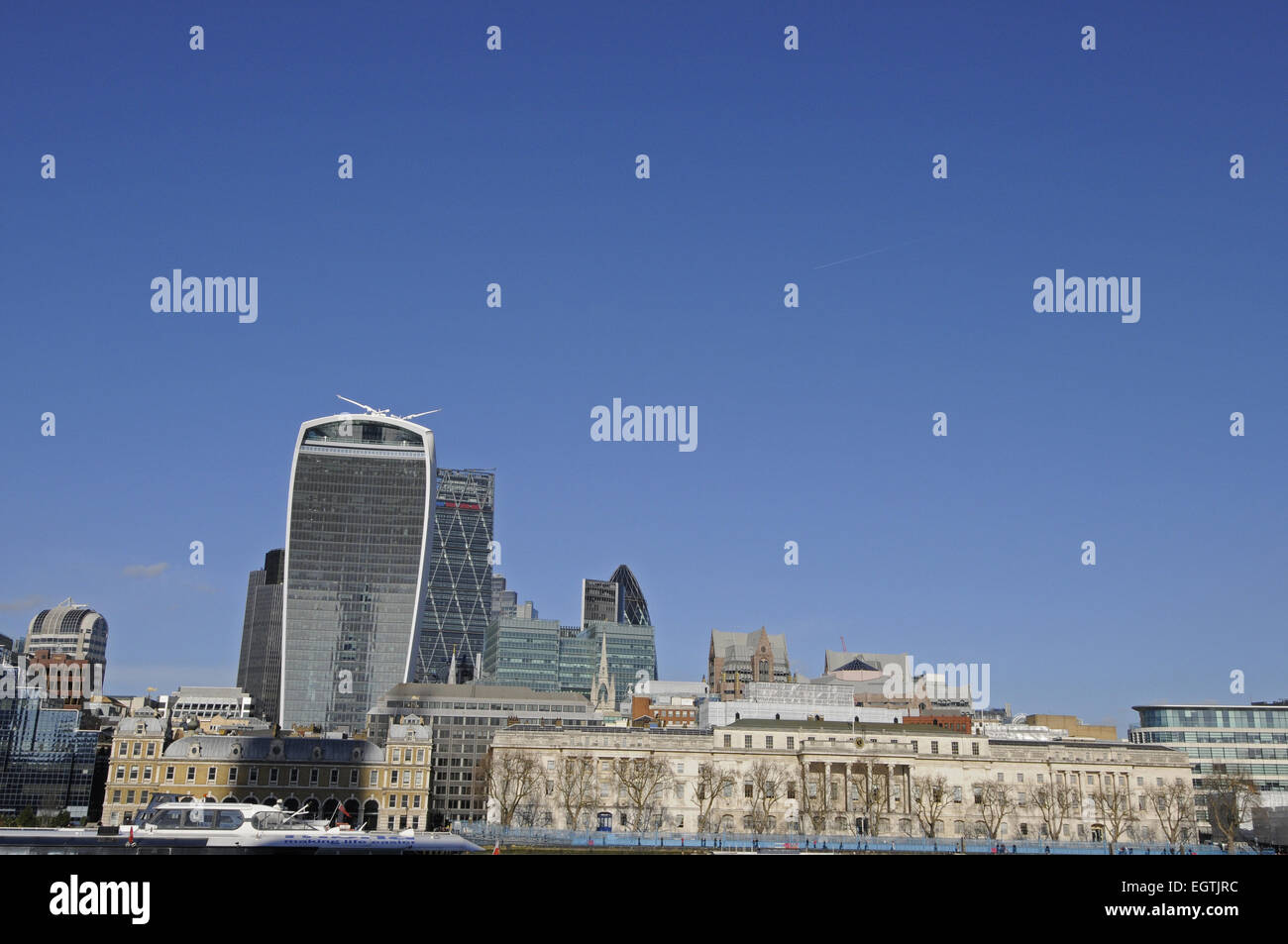 The view over the River Thames to the Modern Skyline of City of London with the Walkie Talkie and Cheesegrater and The Gherkin Stock Photo
