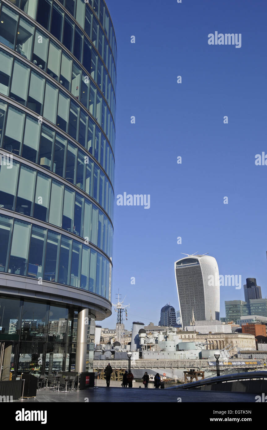 View from More London over River Thames to City of London Skyline including the Walkie Talkie and Cheesegrater Buildings London Stock Photo