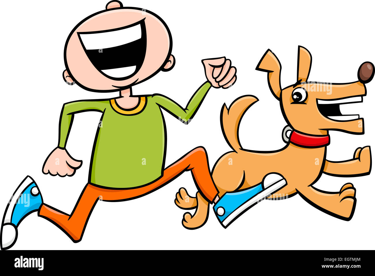 Cartoon Illustration of Boy Running with Puppy Pet Stock Photo Alamy