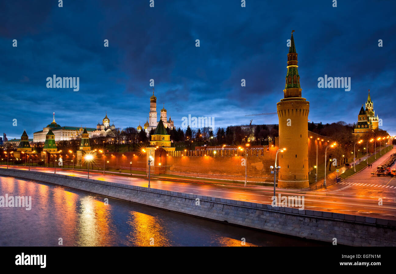 Moscow River and Kremlin in winter, night view Stock Photo