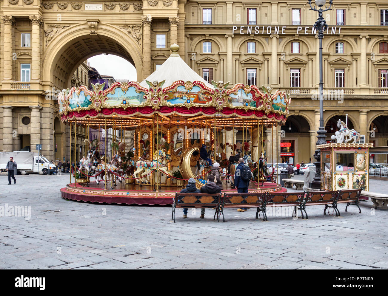 Florence, Tuscany, Italy. A merry-go-round (carousel) in Piazza della Repubblica in the centre of the city Stock Photo