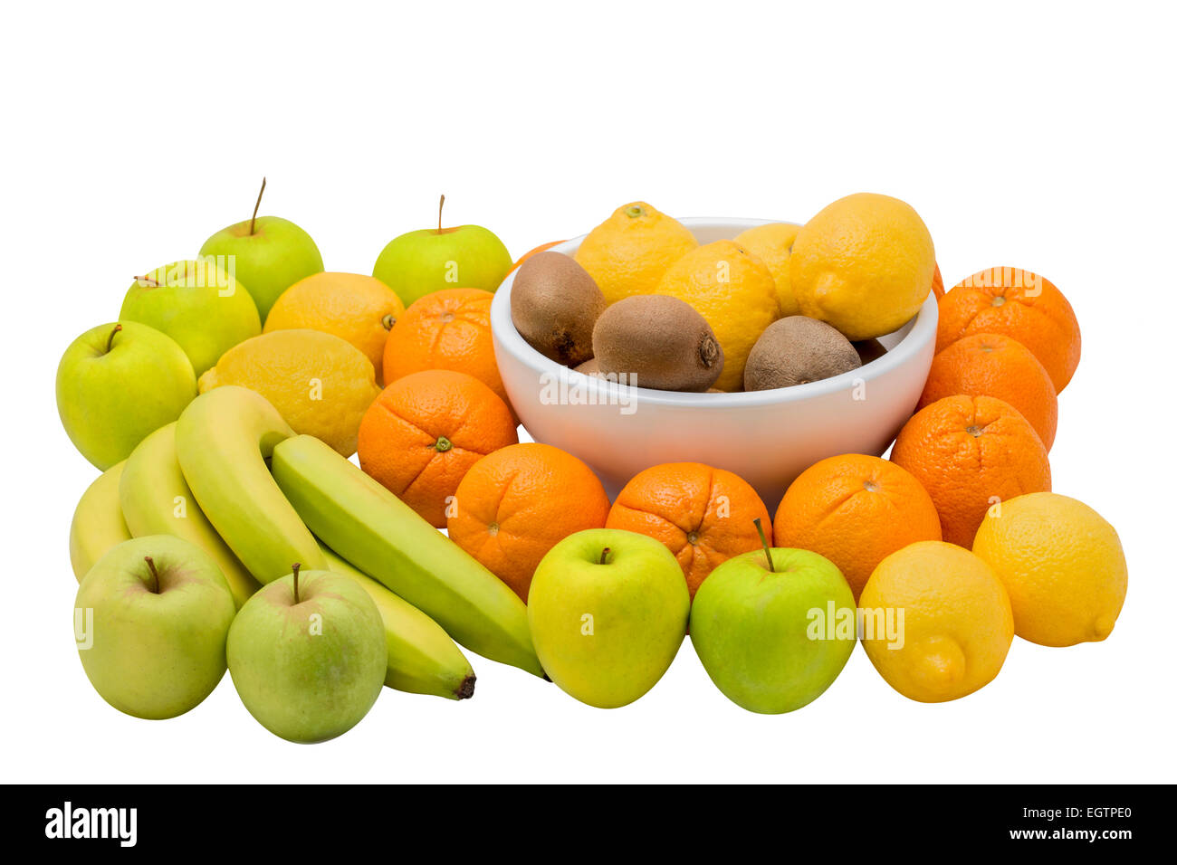 Fruit isolated on white. Bananas, oranges, kiwi, apples, and lemons. Stock Photo