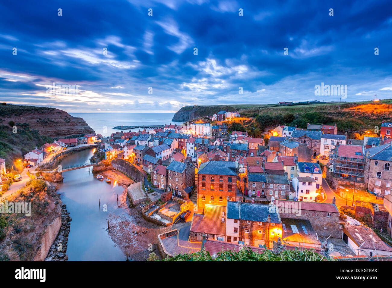 A view over the traditional fishing village of Staithes, North Yorkshire, England, United Kingdom, Europe. Stock Photo