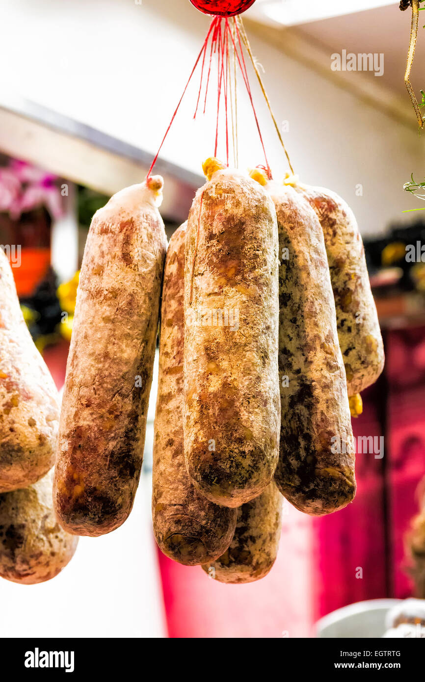 Salami on Display at a Local Market Stock Photo Alamy