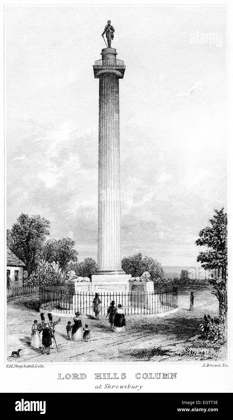 An engraving of Lord Hill's Column at Shrewsbury scanned at high resolution from a book printed around 1850. Believed copyright free. Stock Photo