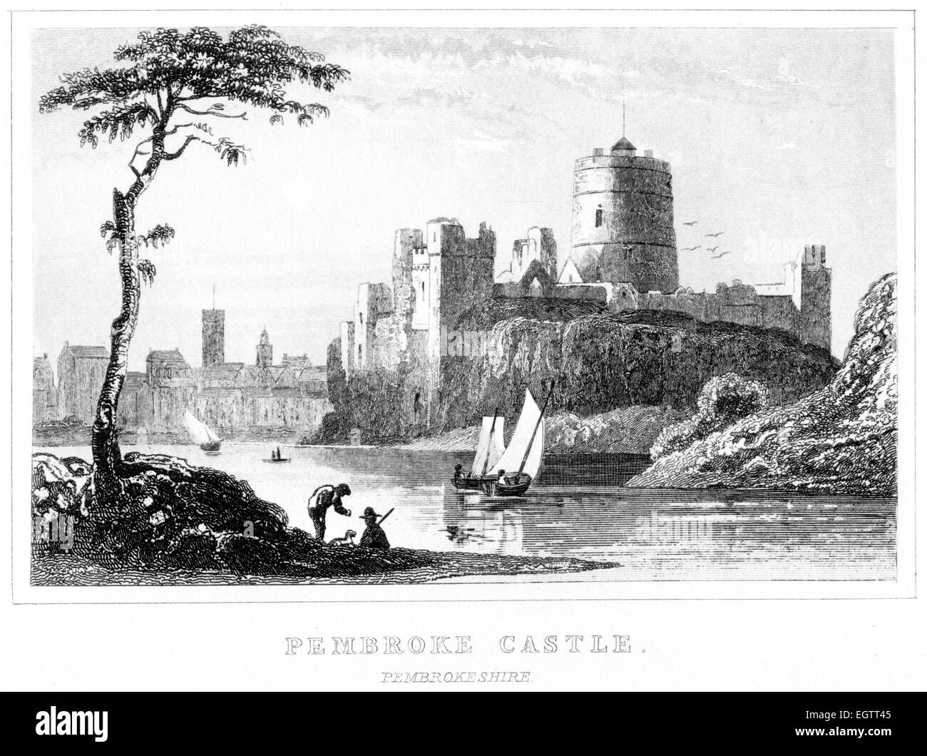 An engraving of Pembroke Castle, Pembrokeshire scanned at high resolution from a book printed around 1850. Stock Photo