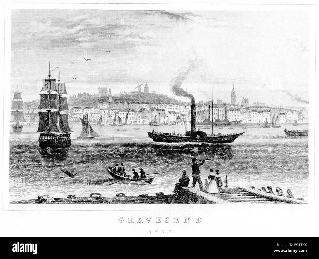 An engraving of Gravesend, Kent scanned at high resolution from a book printed around 1850.  Believed free of all historic copyright restrictions. Stock Photo