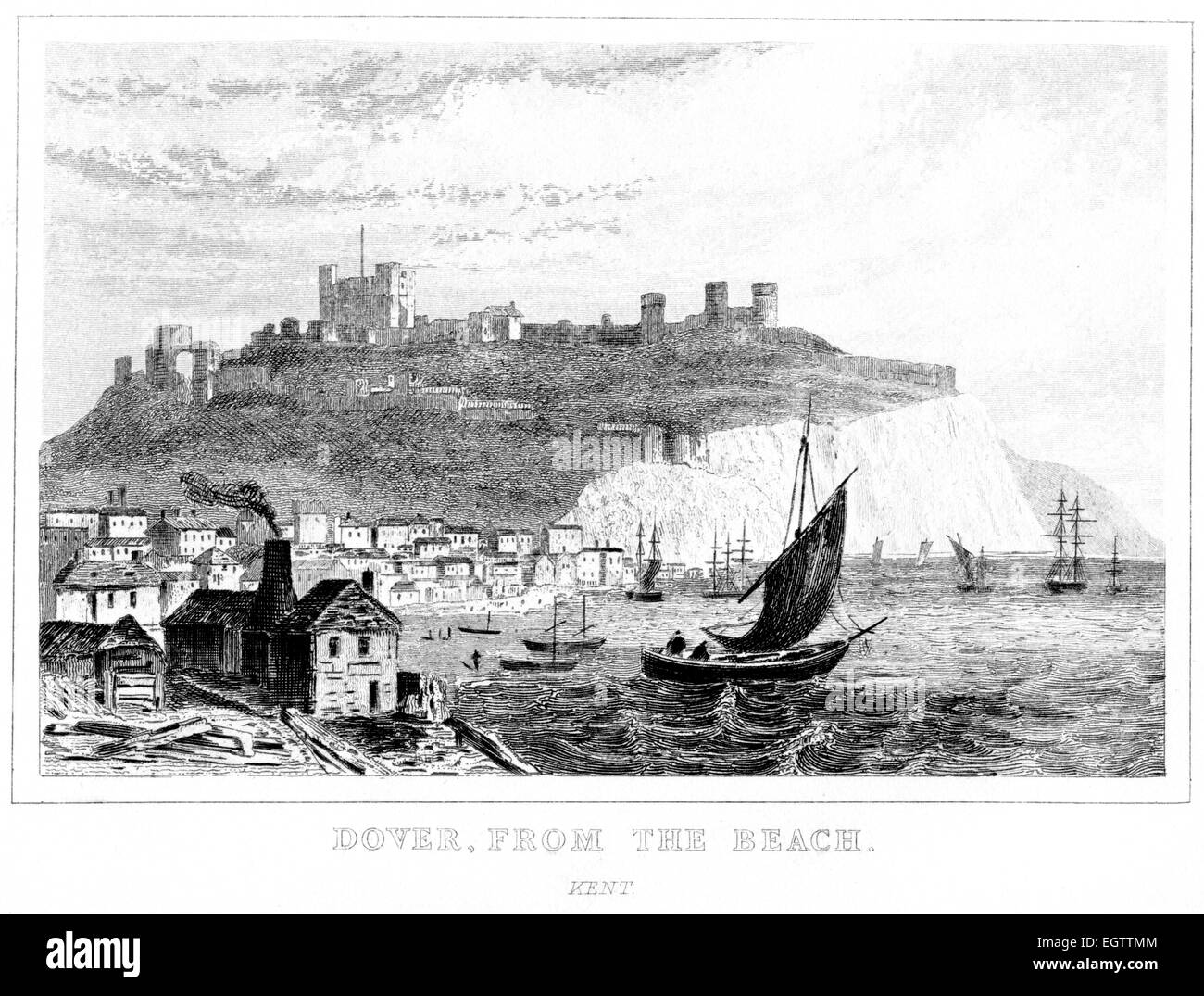 An engraving of Dover, From the Beach, Kent scanned at high resolution from a book printed around 1850. Stock Photo