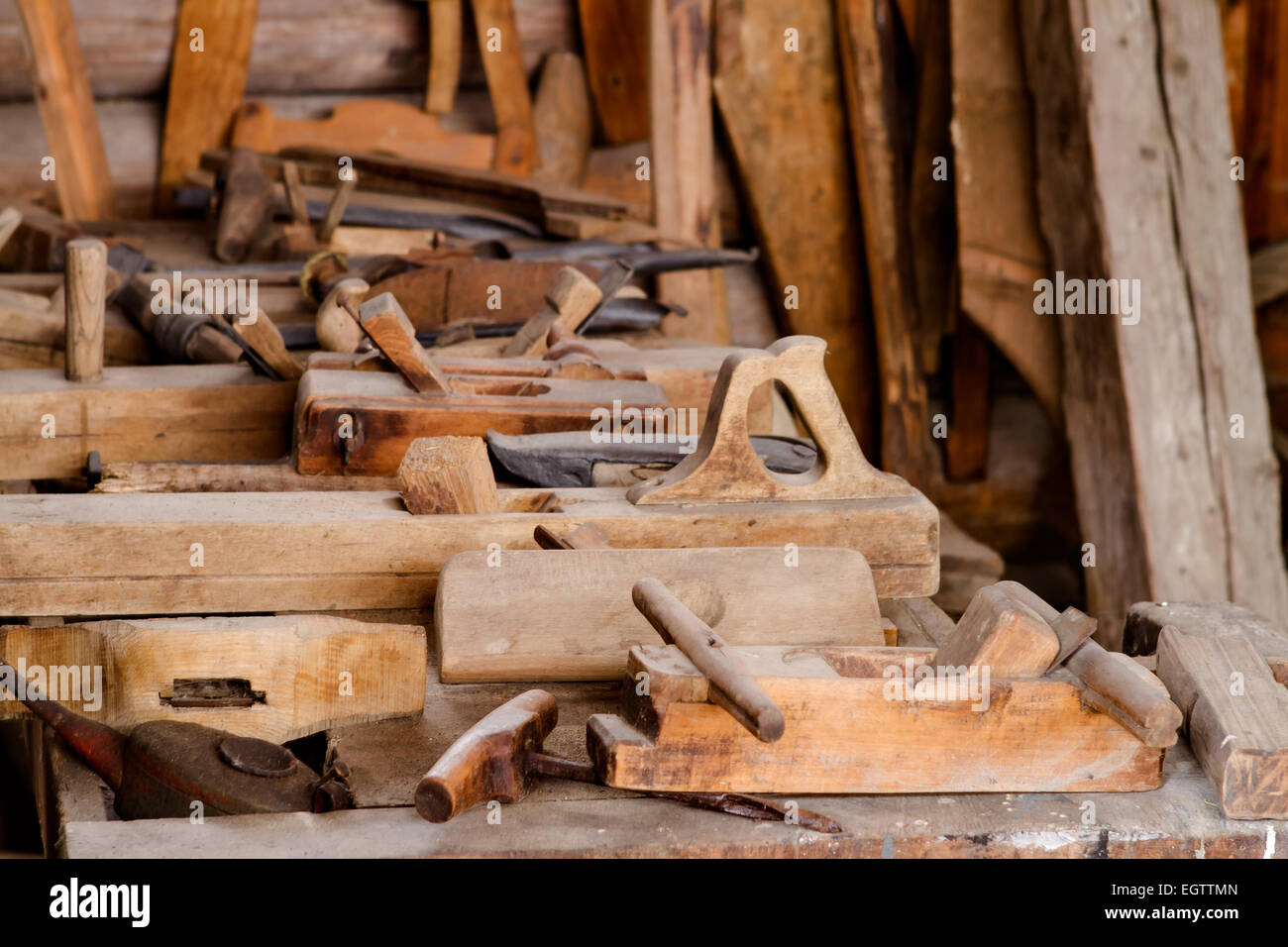Woodworking tools with wooden background Stock Photo Alamy