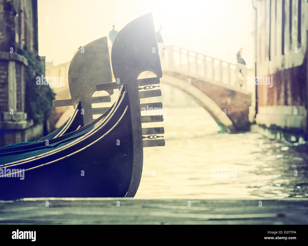Typical gondolas in Venice, detail of the bow called 'canal grande'. Stock Photo
