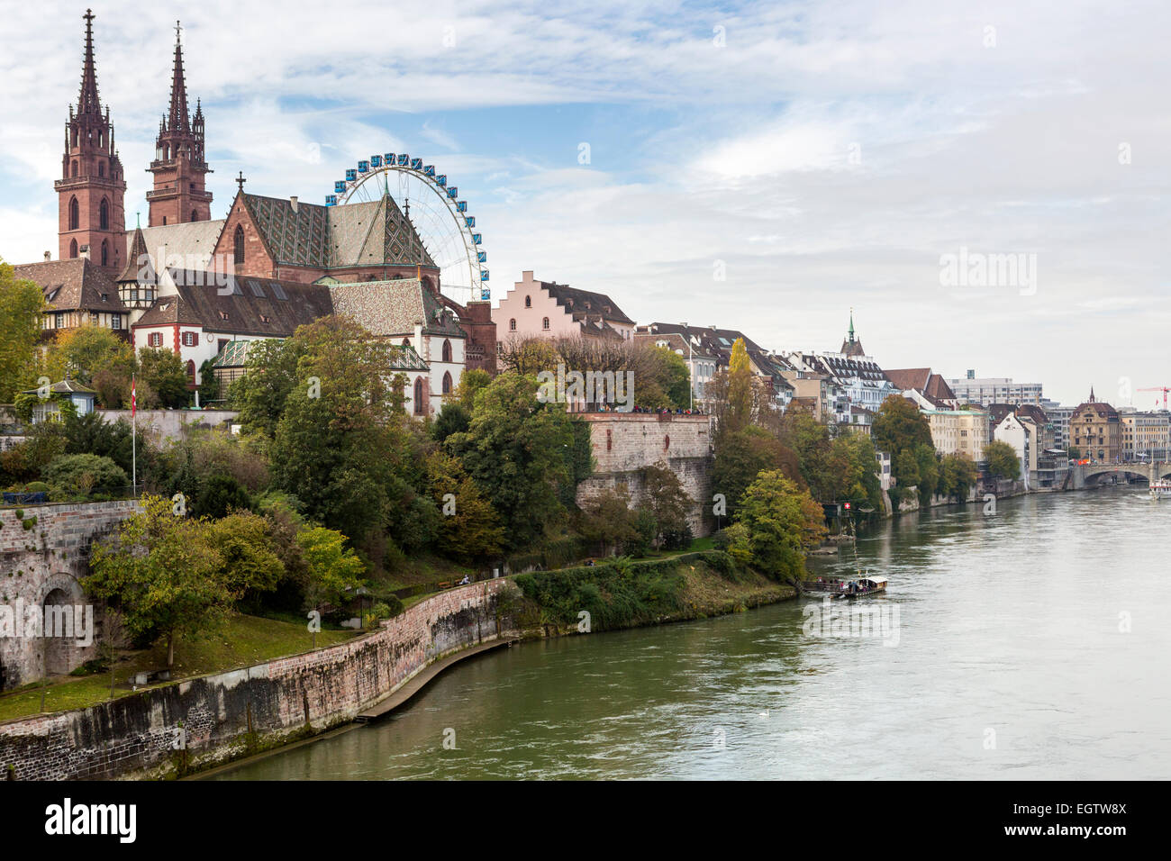 View towards Basel Minster at Basel, Kanton Basel-Stadt, Switzerland, Europe. Stock Photo