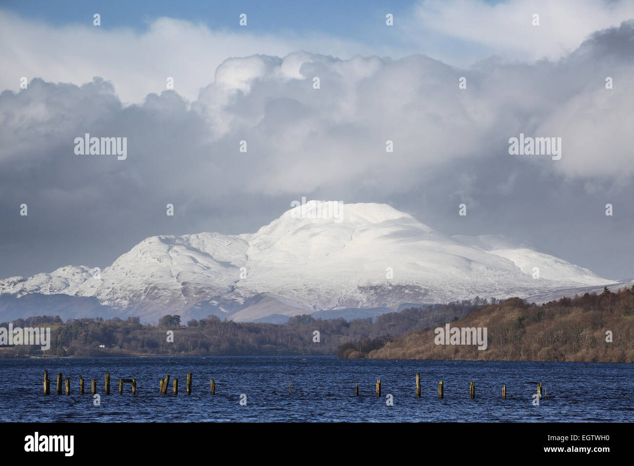 A winter view of the Scottish mountain Ben Lomond, from Loch Lomond,  The mountain is over 3000ft and so is a 'Monroe' Stock Photo