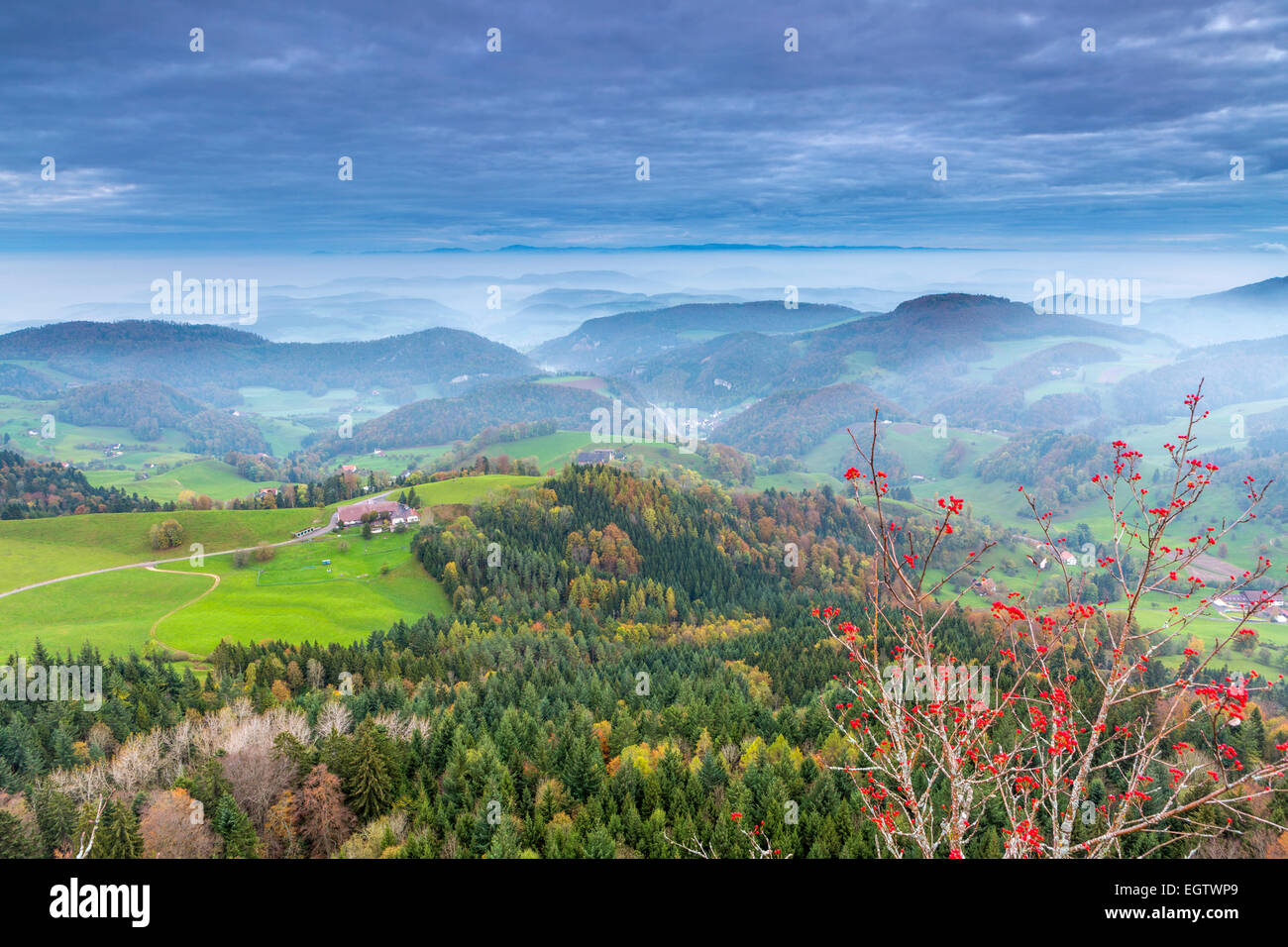 View from Belchenflue on the border of canton Basel-Landschaft and canton Solothurn in the Jura Mountains, Switzerland. Stock Photo