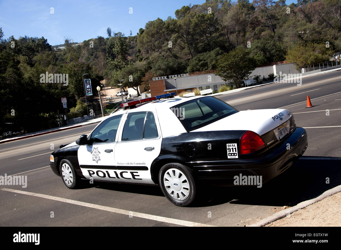 LAPD car parked outside the Greek Theatre in Griffith Park, Los Angeles Stock Photo