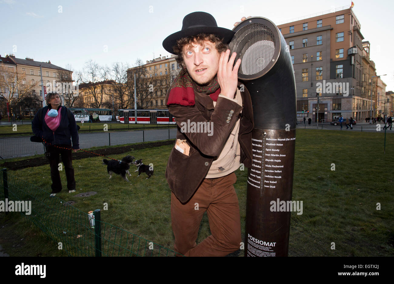 Prague, Czech Republic. 2nd March, 2015. Ceremonial presentation of poetry-playing jukebox poeziomat that offers verses by Egon Bondy, Magor Jirous, Jachym Topol and others took place in Prague, Czech Republic, March 2, 2015. Pictured author of the project Ondrej Kobza. Credit:  CTK/Alamy Live News Stock Photo
