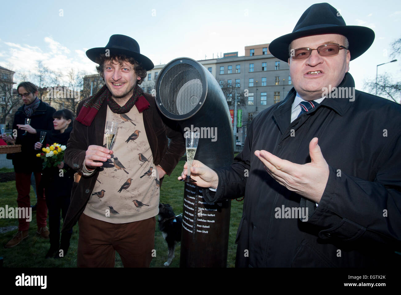 Prague, Czech Republic. 2nd March, 2015. Ceremonial presentation of poetry-playing jukebox poeziomat that offers verses by Egon Bondy, Magor Jirous, Jachym Topol and others took place in Prague, Czech Republic, March 2, 2015. Pictured left author of the project Ondrej Kobza and right Czech Minister of Culture Daniel Herman. Credit:  CTK/Alamy Live News Stock Photo