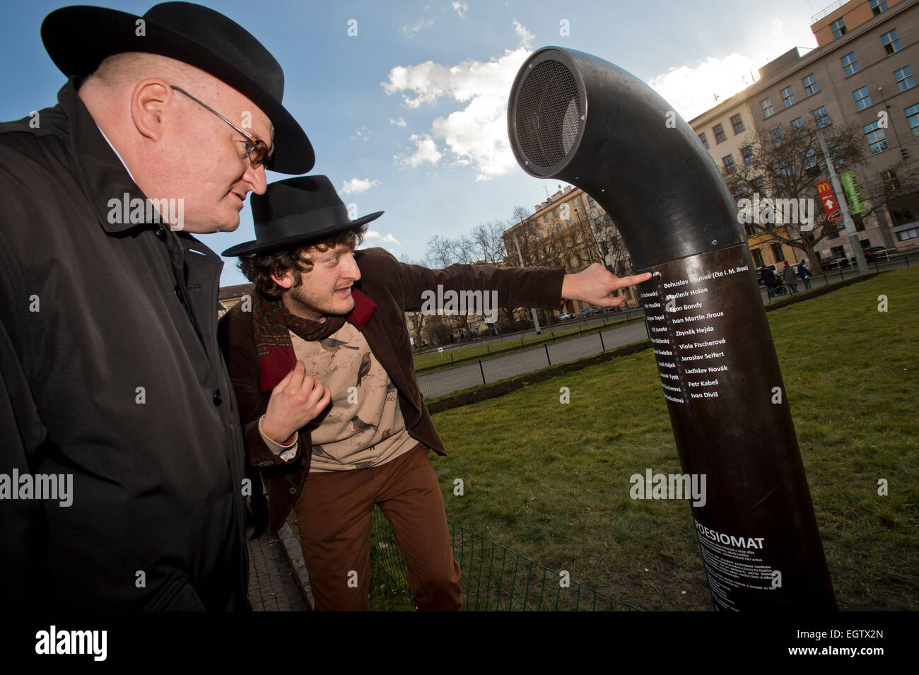 Prague, Czech Republic. 2nd March, 2015. Ceremonial presentation of poetry-playing jukebox poeziomat that offers verses by Egon Bondy, Magor Jirous, Jachym Topol and others took place in Prague, Czech Republic, March 2, 2015. Pictured right author of the project Ondrej Kobza and left Czech Minister of Culture Daniel Herman. Credit:  CTK/Alamy Live News Stock Photo