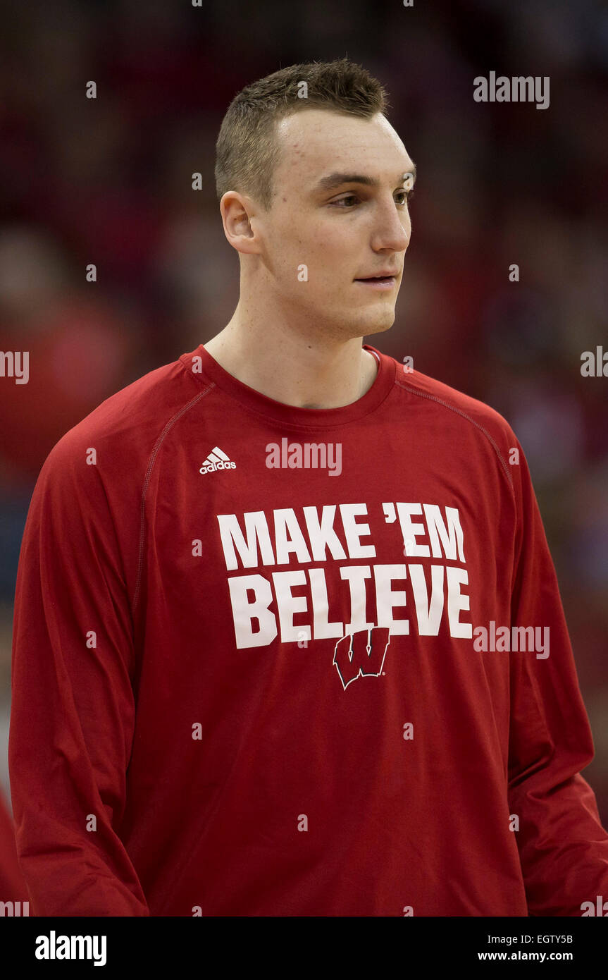 Madison, Wisconsin, USA. 1st March, 2015. Wisconsin Badgers forward Sam Dekker #15 prior to the NCAA Basketball game between the Wisconsin Badgers and Michigan State Spartans at the Kohl Center in Madison, WI. Wisconsin defeated Michigan State 68-61. Credit:  Cal Sport Media/Alamy Live News Stock Photo