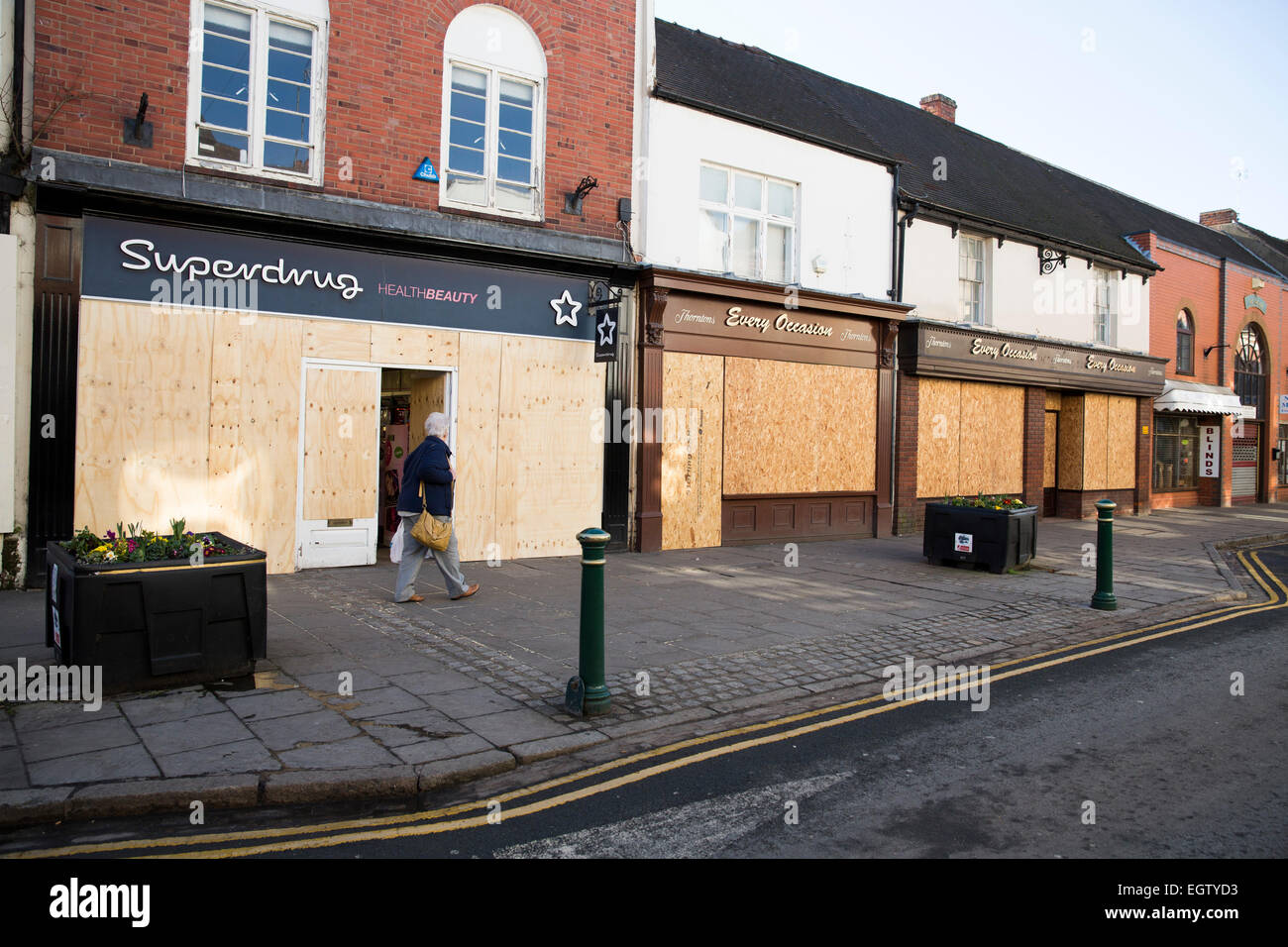 Atherstone Ball Game. Atherstone. Boarded up shops in Long Street before the game takes place. Stock Photo