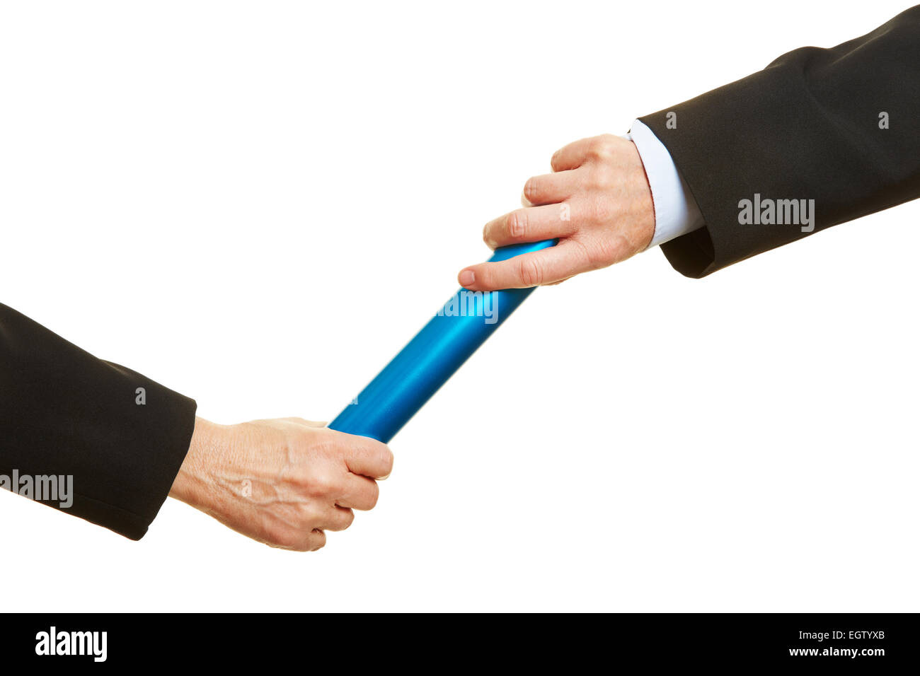 Two hands passing a blue relay baton Stock Photo