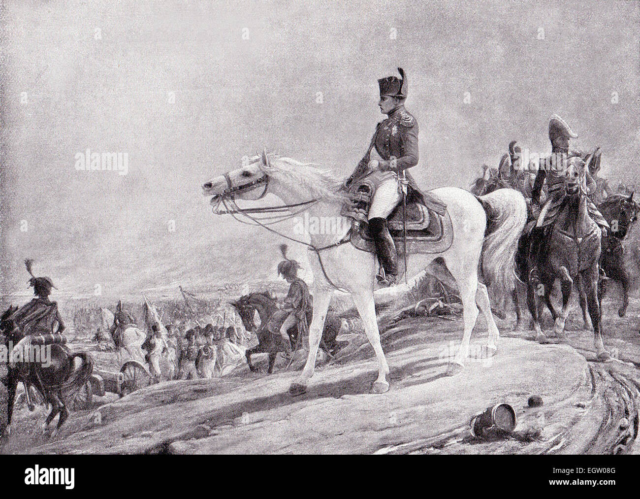 Engraving of Napoleon on the field of Waterloo in 1815 from a painting by L. Royer. Stock Photo