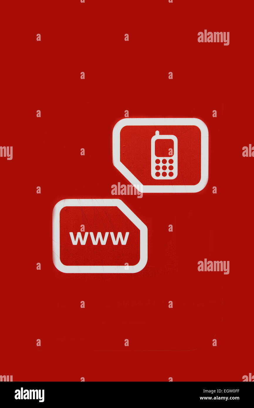 on a red background shows icons phone and websit Stock Photo