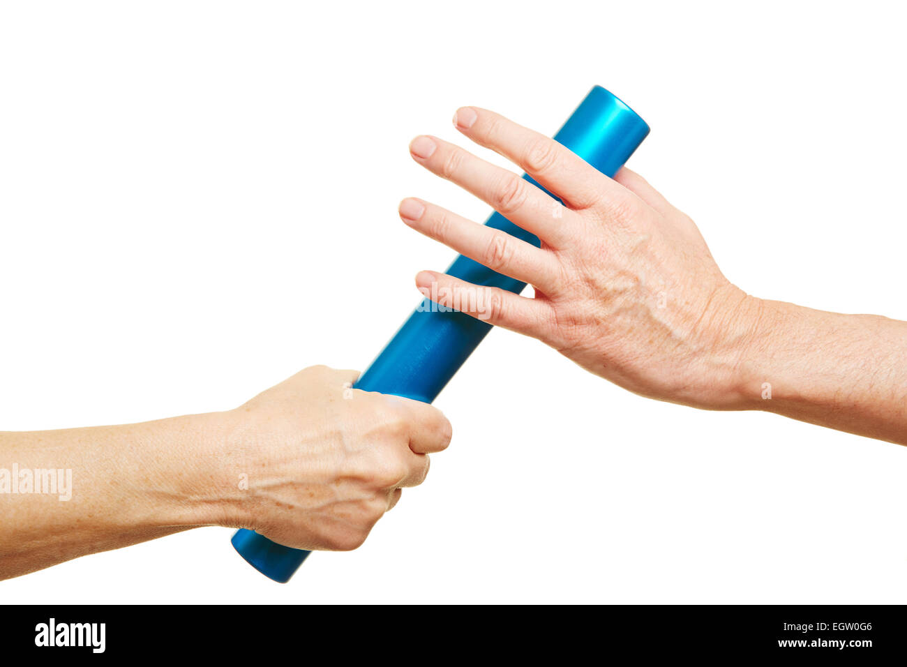 Hands offering a blue relay baton during running race Stock Photo